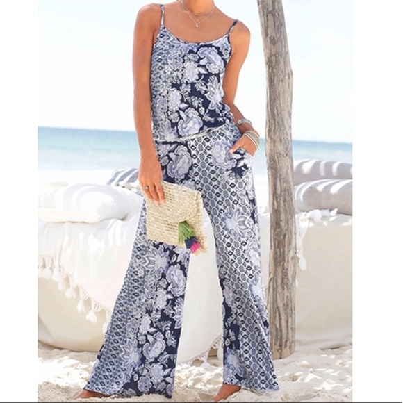 Hidden StarDust Pants - Floral geometric spaghetti strap jumpsuit